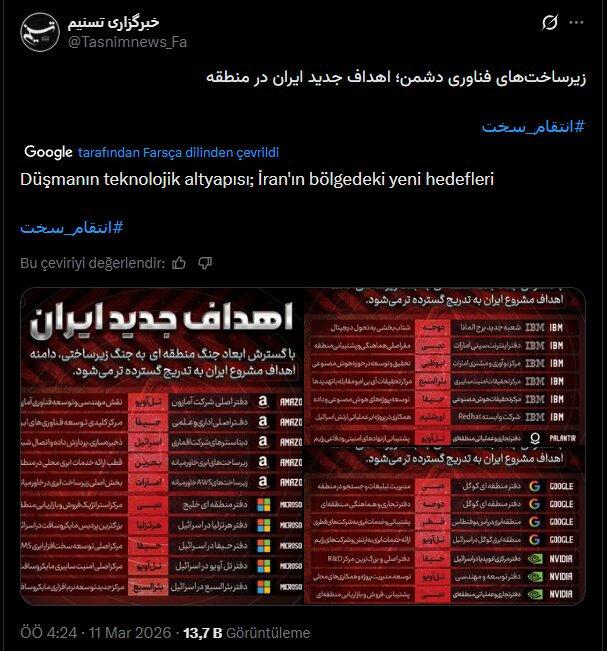 Tasnimnews'ün saldırıya dair paylaşımı