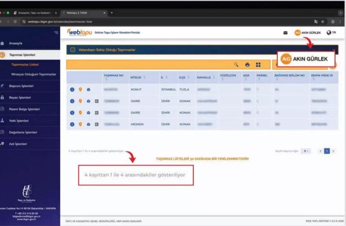 Akın Gürlek'in WebTapu sayfasında üzerine kayıtlı olan taşınmazlar.
