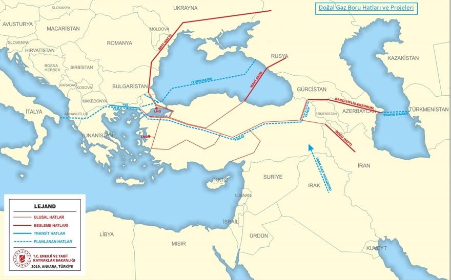 Türkiye'ye iletilen doğalgaz boru hatları. İran'dan gelen boru hattı 'Doğu hattı' olarak isimlendiriliyor