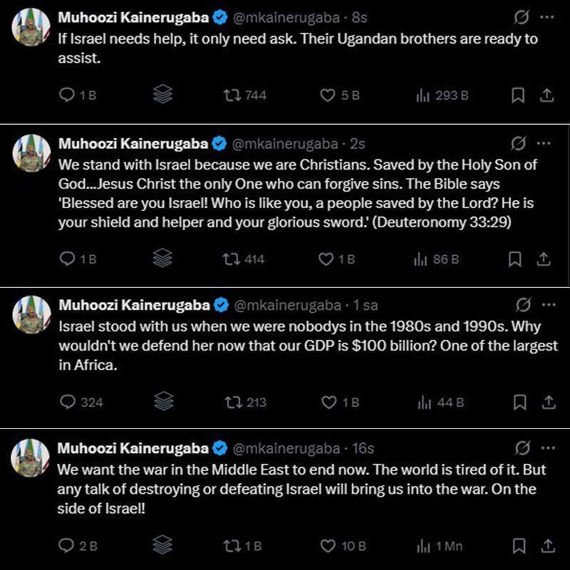 Uganda Savunma Kuvvetleri Komutanı Muhoozi Kainerugaba'nın İsrail'i destekleyen X gönderileri