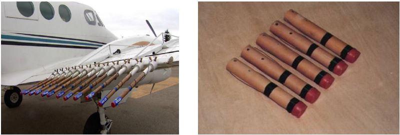  Uçak kanadına takılmış bulut tohumlama fişekleri ve 50 gr gümüş iyodür içeren bulut tohumlama fişekleri