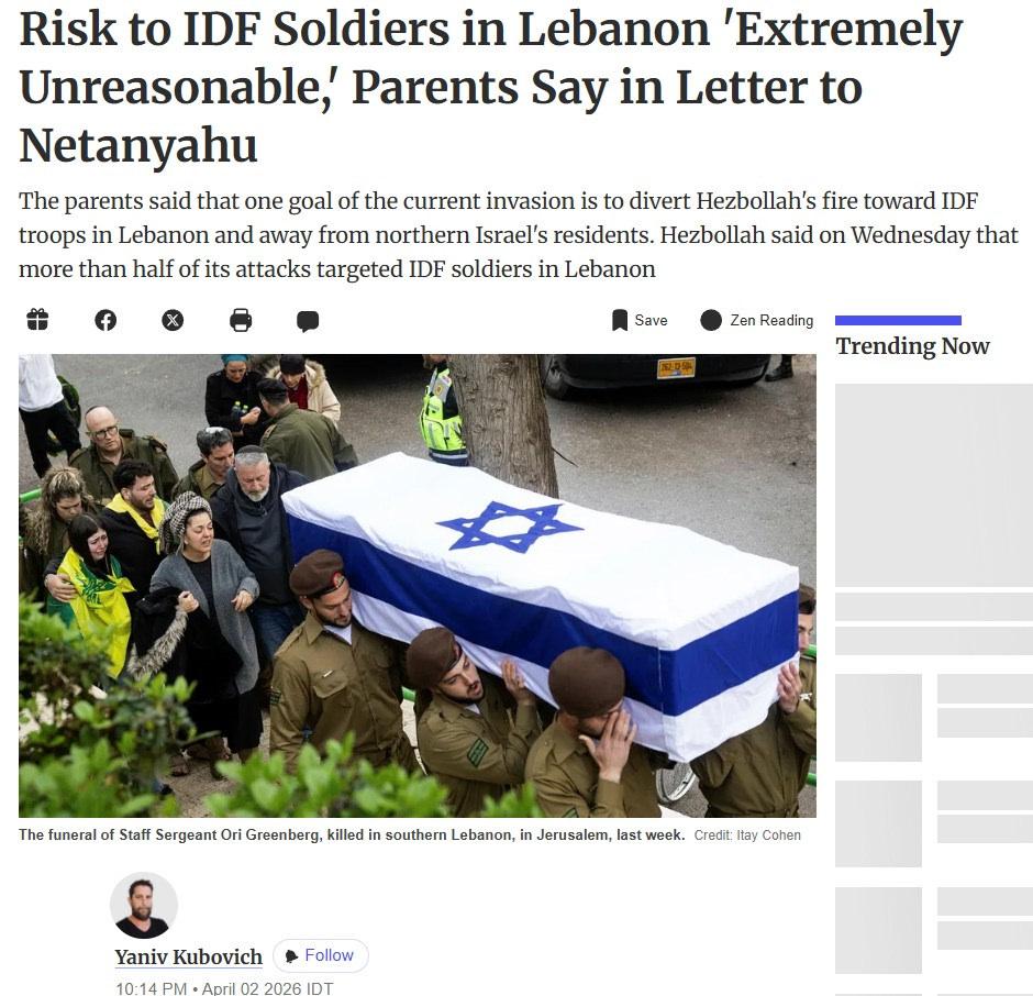 Haaretz'te 2 Nisan 2026'da yayınlanan ve Yaniv Kubavic tarafından kaleme alınan metin.