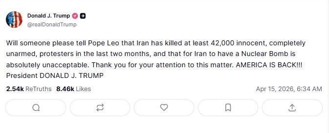 Lütfen birisi Papa Leo'ya İran'ın son iki ayda en az 42.000 masum, tamamen silahsız protestocuyu öldürdüğünü ve İran'ın nükleer bombaya sahip olmasının kesinlikle kabul edilemez olduğunu söylesin. Bu konuya gösterdiğiniz ilgi için teşekkür ederim. AMERİKA GERİ DÖNDÜ!!! Başkan DONALD J. TRUMP