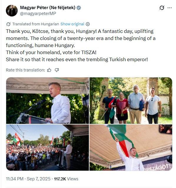 Peter Magyar'ın X'te yayınladığı gönderinin bir ekran görüntüsü.