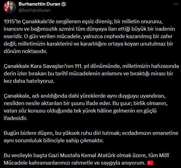 İletişim Başkanı Burhanettin Duran'ın Çanakkale mesajı