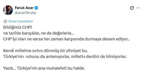 AK Parti Genel Başkan Yardımcısı Faruk Acar'ın X'te yayınladığı gönderinin bir ekran görüntüsü.