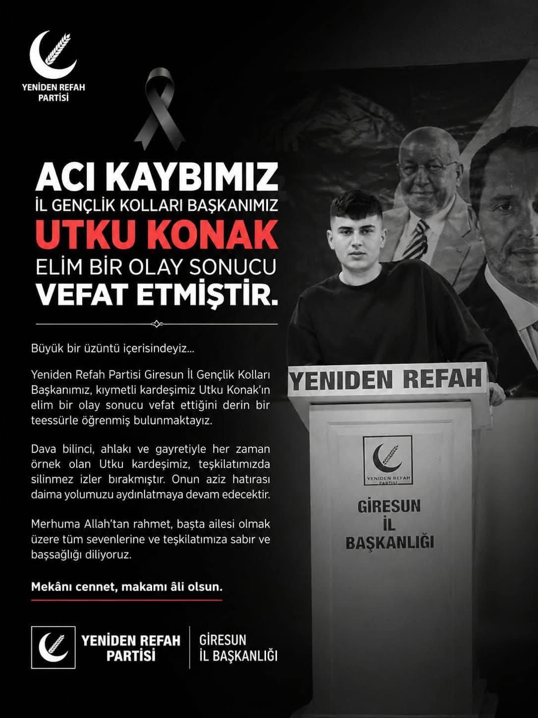 Yeniden Refah Partisi Genel Başkan Fatih Erbakan ile siyasi partiler taziye mesajı yayımladı.