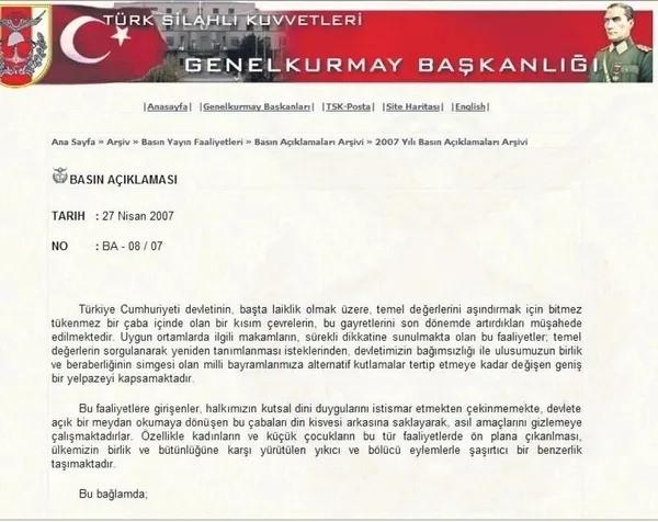 27 Nisan'da Genelkurmay Başkanlığı'nın internet sitesinden yayımlanan e-muhtıra