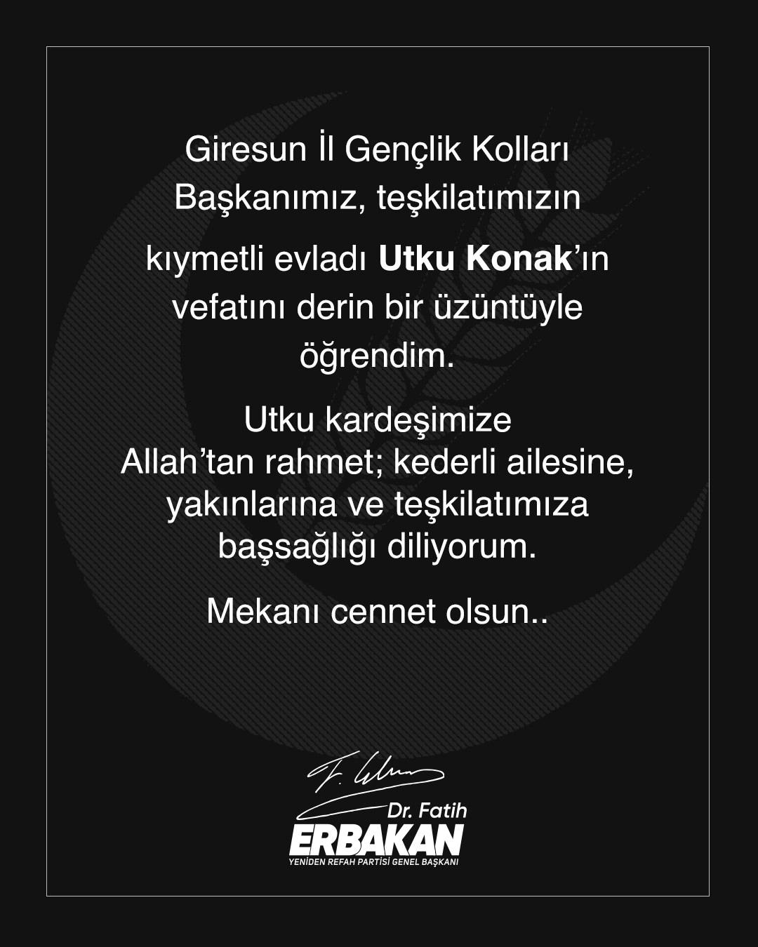 Yeniden Refah Partisi tarafından paylaşılan taziye mesajı. 