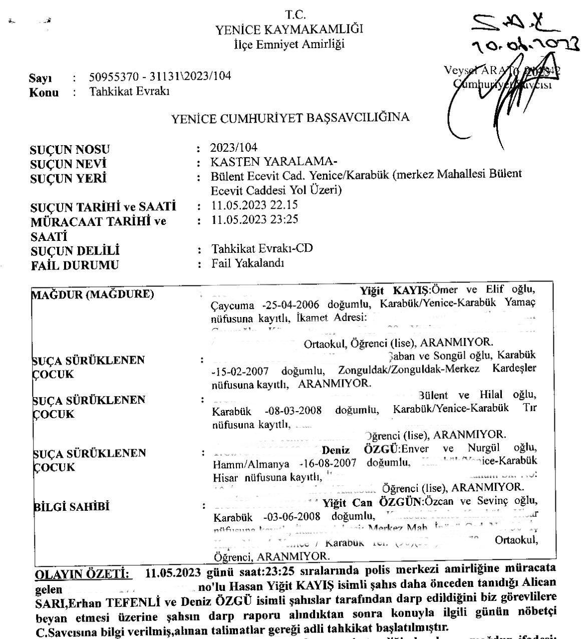 Darp olayına ilişkin dosya tutanağı