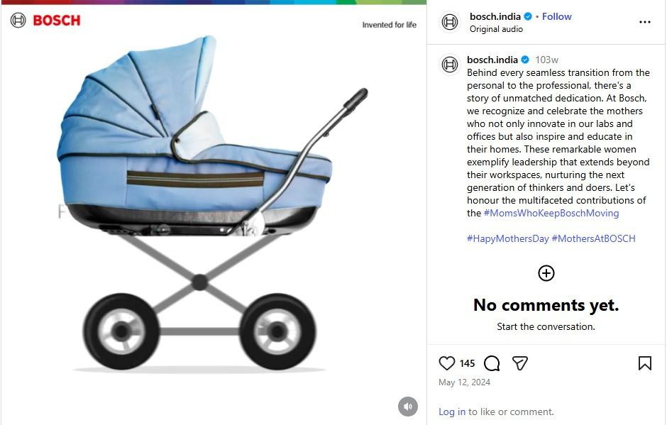 Bosch'un Hindistan'da yayınladığı Anneler Günü gönderisinde bir bebek arabası vardı.