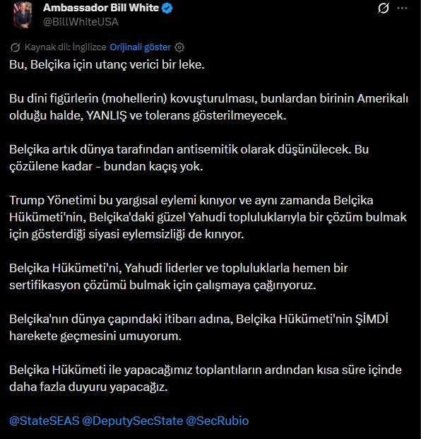 ABD'nin Brüksel Büyükelçisi Bill White'ın ilgili sosyal medya gönderisi