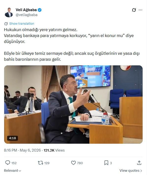 Veli Ağbaba'nın X'te paylaştığı gönderinin bir ekran görüntüsü.