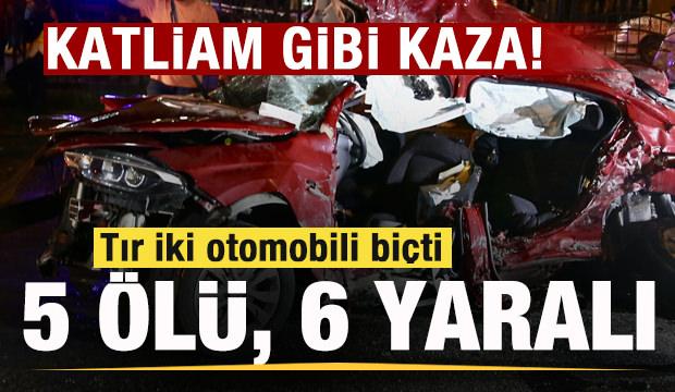 Katliam gibi kaza: Tır iki otomobili bi&ccedil;ti! 5 &ouml;l&uuml;, 6 yaralı