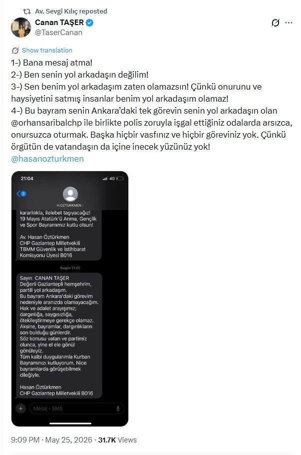 Canan Taşer, Hasan Öztürkmen'in Kurban Bayramı vesilesiyle attığı mesajı sosyal medya hesabından paylaştı ve hakarette bulundu.