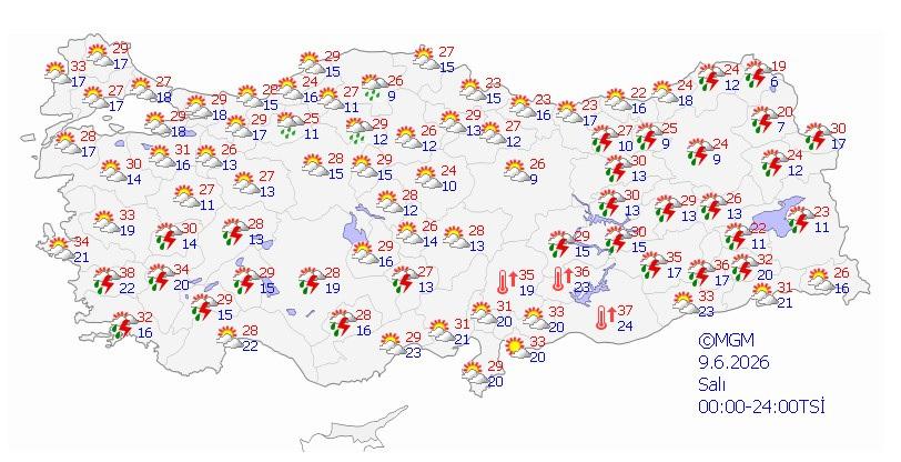 9 Haziran Salı hava durumu
