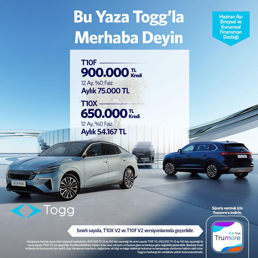 Togg, haziran ayına özel kampanyasında T10X ve T10F modelleri için 900 bin TL'ye kadar yüzde 0 faizli kredi desteği sunuyor.