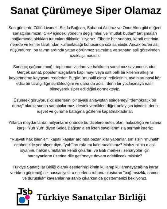 TSB'den Kılıçdaroğlu'na ambargo uygulayan sanatçılara tepki: Çürümeye siper olmayın