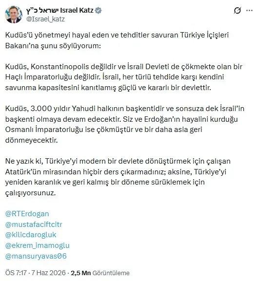 İsrailli Bakan'ın Türkiye'yi hedef alan sözleri