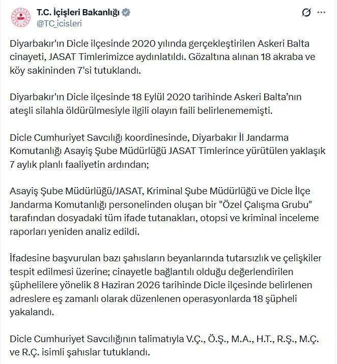 İçişleri Bakanlığı tarafından yapılan açıklama.