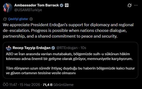 Tom Barrack'ın ilgili paylaşımı