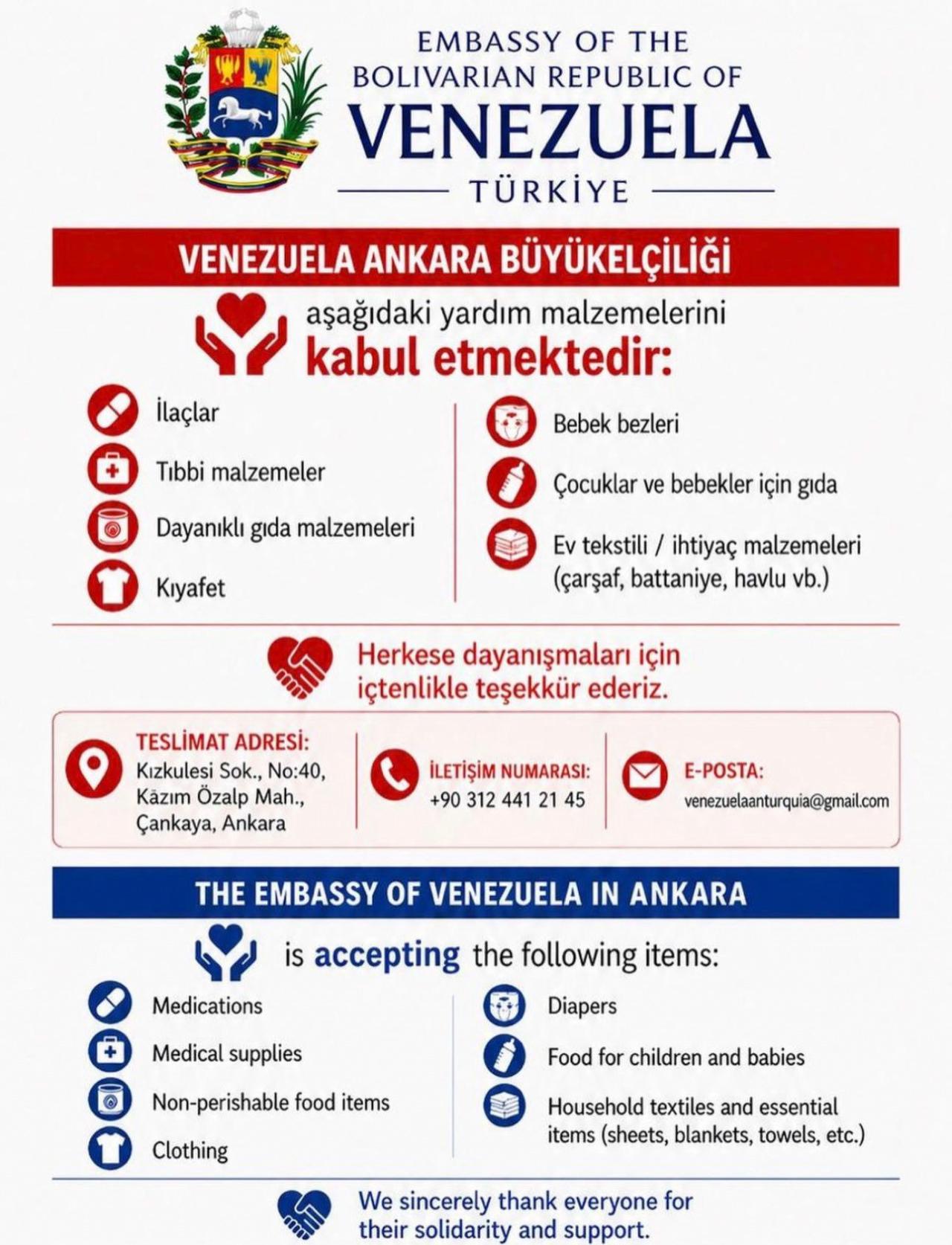 Başkan Şahin, Venezuela halkı için yardım çağrısı yaptı.