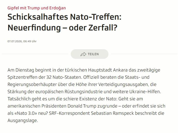 İsviçre merkezli SRF'de yayınlanan 'NATO'nun kader belirleyici toplantısı: Yeniden yapılanma mı, yoksa dağılma mı?' başlıklı analiz