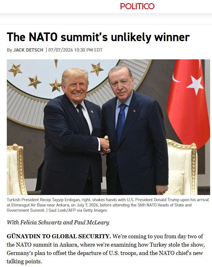 Politico'da yayınlanan 'NATO zirvesinin beklenmedik galibi' başlıklı yazı.