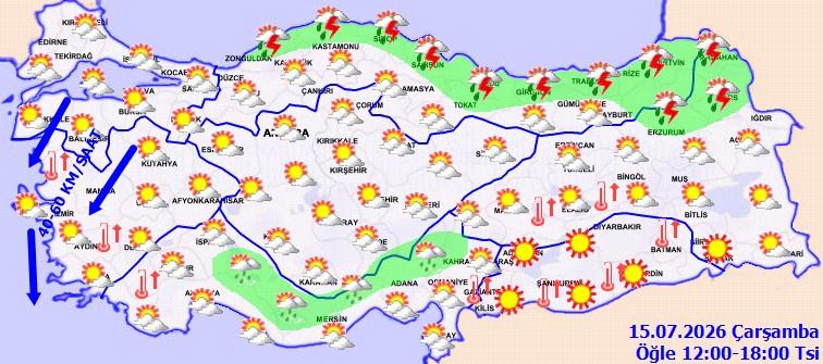 Meteoroloji haritası üzerinde Türkiye'nin hava durumu tahmini gösteriliyor.