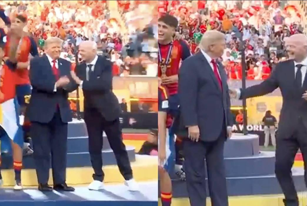 ABD Başkanı Donald Trump, FIFA Başkanı Gianni Infantino ile birlikte Dünya Kupası'nı İspanya takımına takdim ediyor.