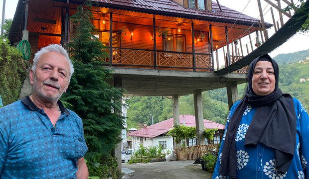 Rize'de engebeli araziye sıra dışı &ccedil;&ouml;z&uuml;m: Yol &uuml;zerine dev kolonlarla villa kurdu