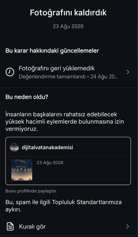 Instagram'ın Dijital Vatan Akademisi'ne gönderdiği yazılı açıklamanın bir ekran görüntüsü.