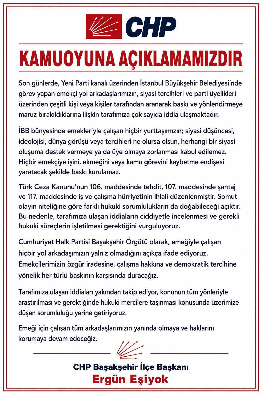 CHP Başakşehir İlçe Başkanlığı'nın yayınladığı yazılı açıklamanın bir görüntüsü.