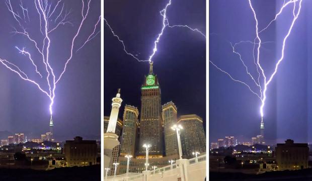 Mekke'de Mescid-i Haram'a yağmur yağdı, şimşekler g&ouml;ky&uuml;z&uuml;n&uuml; aydınlattı
