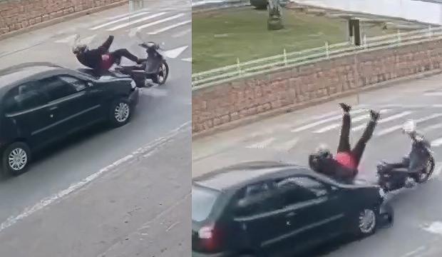 Brezilya'da yayaya yol veren motosikletliye otomobil &ccedil;arptı