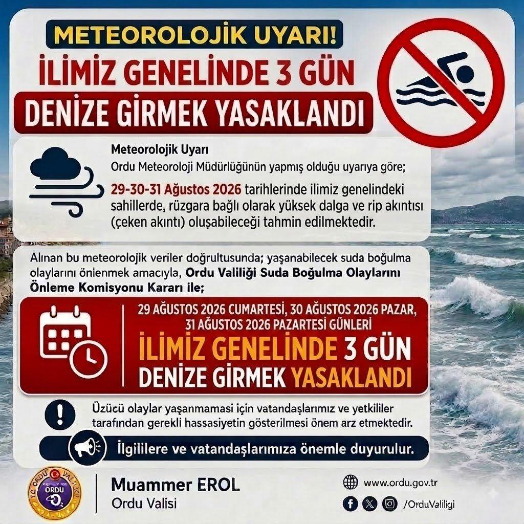  Ordu’da 3 gün denize girmek yasaklandı.