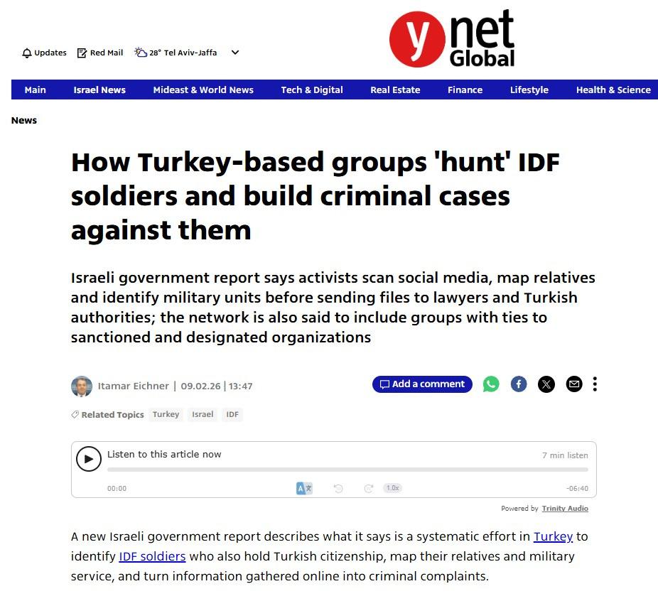 Ynet'teki haberin bir ekran görüntüsü.