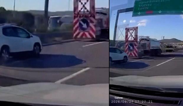 Koskoca uyarı levhasını g&ouml;rmedi akılalmaz kaza kamerada