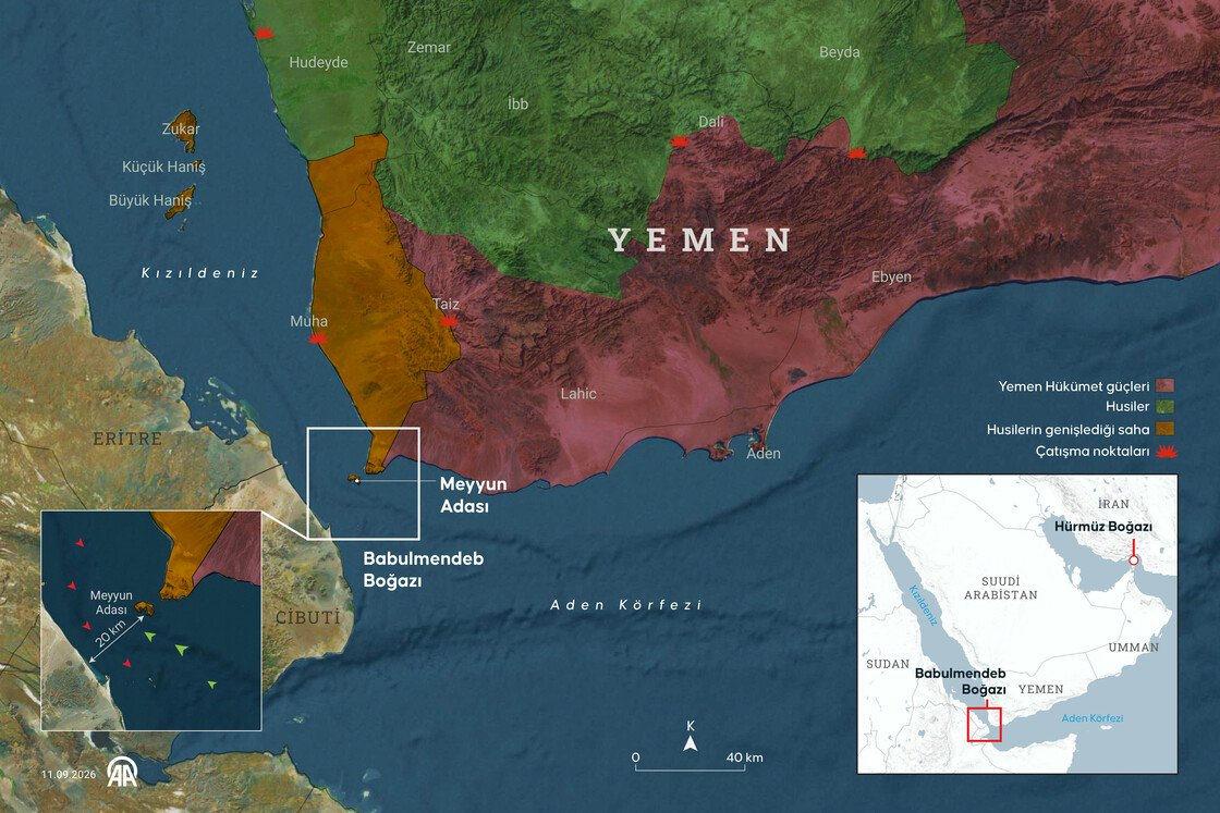 Yemen'deki İran destekli Husilerin, Babulmendeb Boğazı'ndaki stratejik öneme sahip Meyyun (Perim) Adası'nı ele geçirdiği belirtildi.