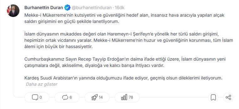 İletişim Başkanı Burhanettin Duran'ın NSosyal hesabı üzerinden yayınladığı gönderinin bir ekran görüntüsü.