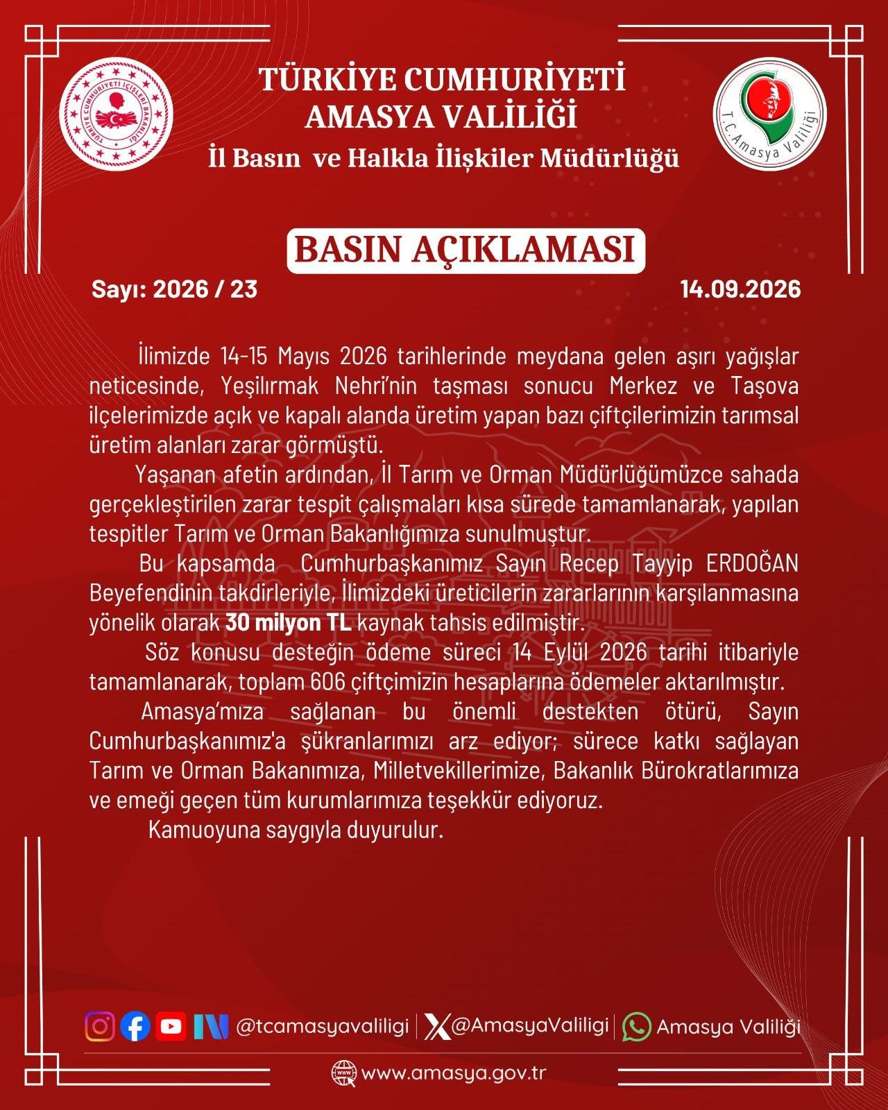 Amasya Valiliği tarafından yapılan yazılı açıklama.
