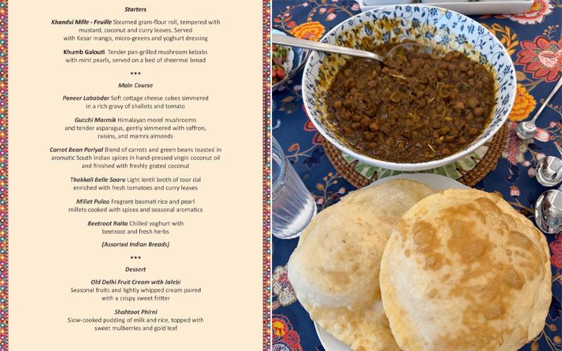 BRICS Zirvesi'ndeki dünya liderlerine sunulan akşam yemeği menüsü (solda) ve ikram edilen chole bhature yemeği (sağda)