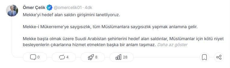 AK Parti Genel Başkan Yardımcısı ve Parti Sözcüsü Ömer Çelik'in NSosyal'de yayınladığı gönderiden bir ekran görüntüsü.