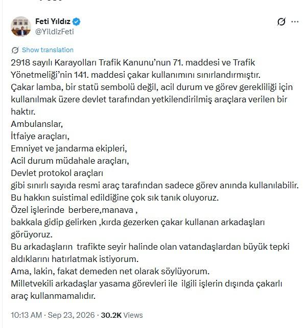 Feti Yıldız'ın X'te yayınladığı gönderinin bir ekran görüntüsü