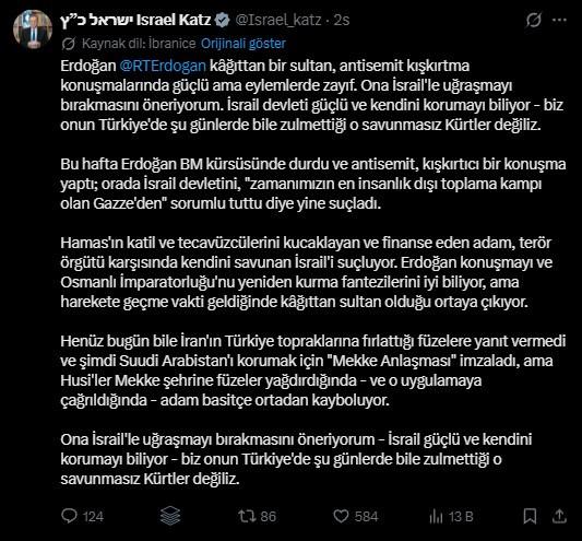 Yisrael Katz'ın ilgili paylaşımı