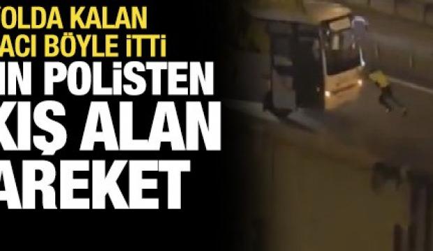 Sultangazi'de arızalanan midib&uuml;s&uuml; yol kenarına iten kadın polis kamerada