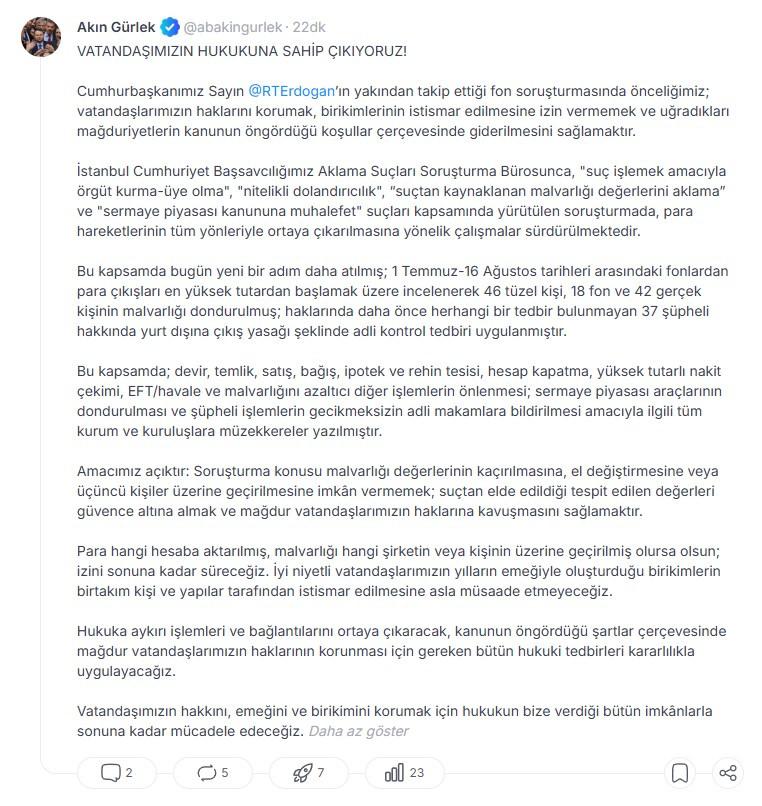 Adalet Bakanı Akın Gürlek'in NSosyal platformu üzerinden paylaştığı açıklamanın bir ekran görüntüsü.