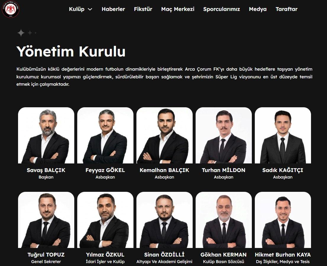 Arca Çorum FK yönetim kurulu listesi