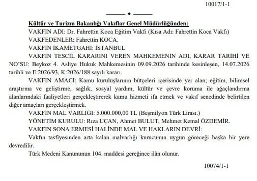 2 Ekim'de Resmi Gazete'de yayımlanan ilan