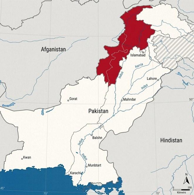 Pakistan haritası. Kırmızı işaretli bölge: Hayber Pahtunhva eyaleti